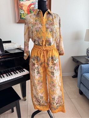 Floral Print Yellow Wide-Leg Jumpsuit in Linen